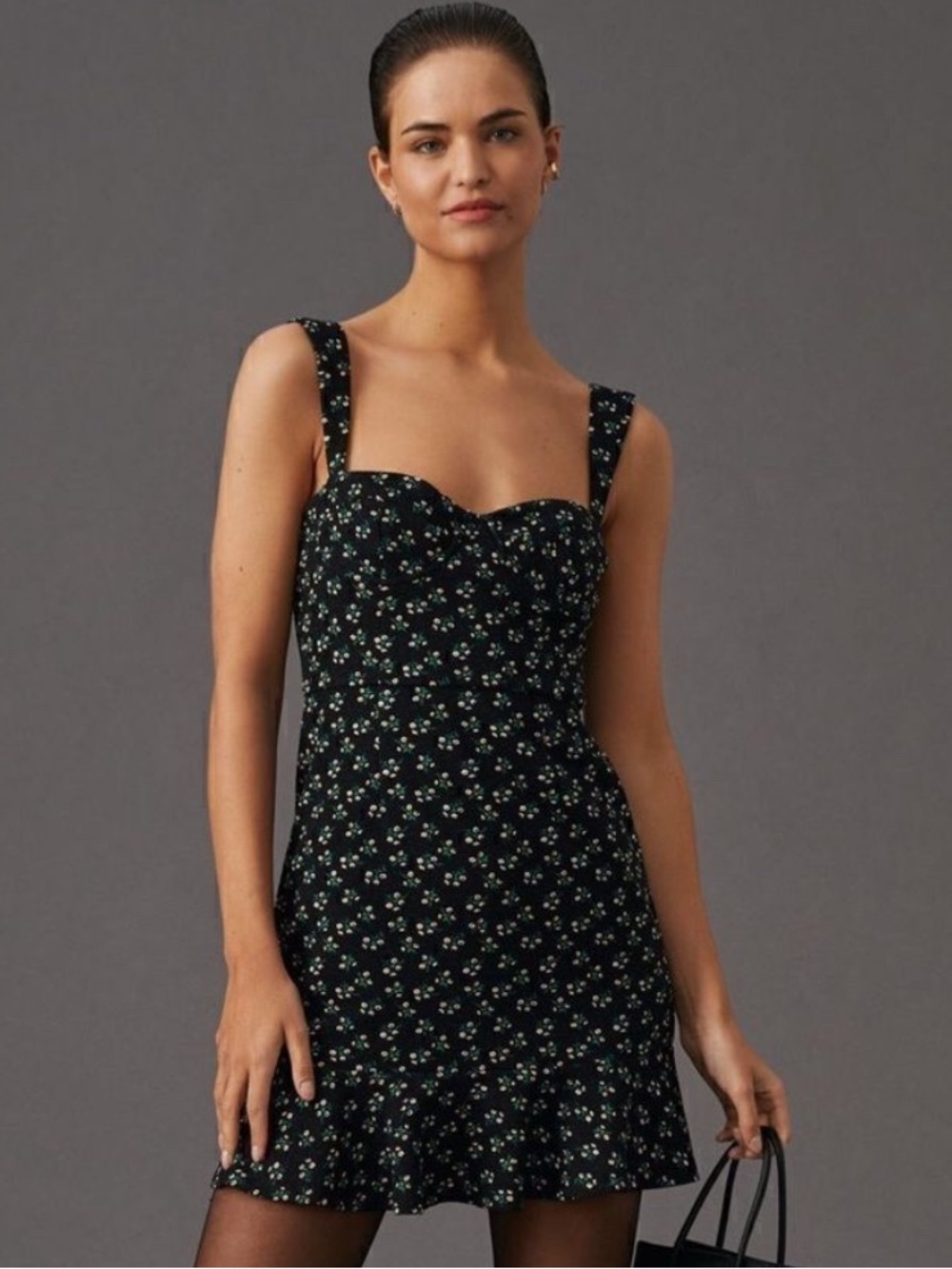 Anthropologie Floral Square-Neck Mini Dress in Black